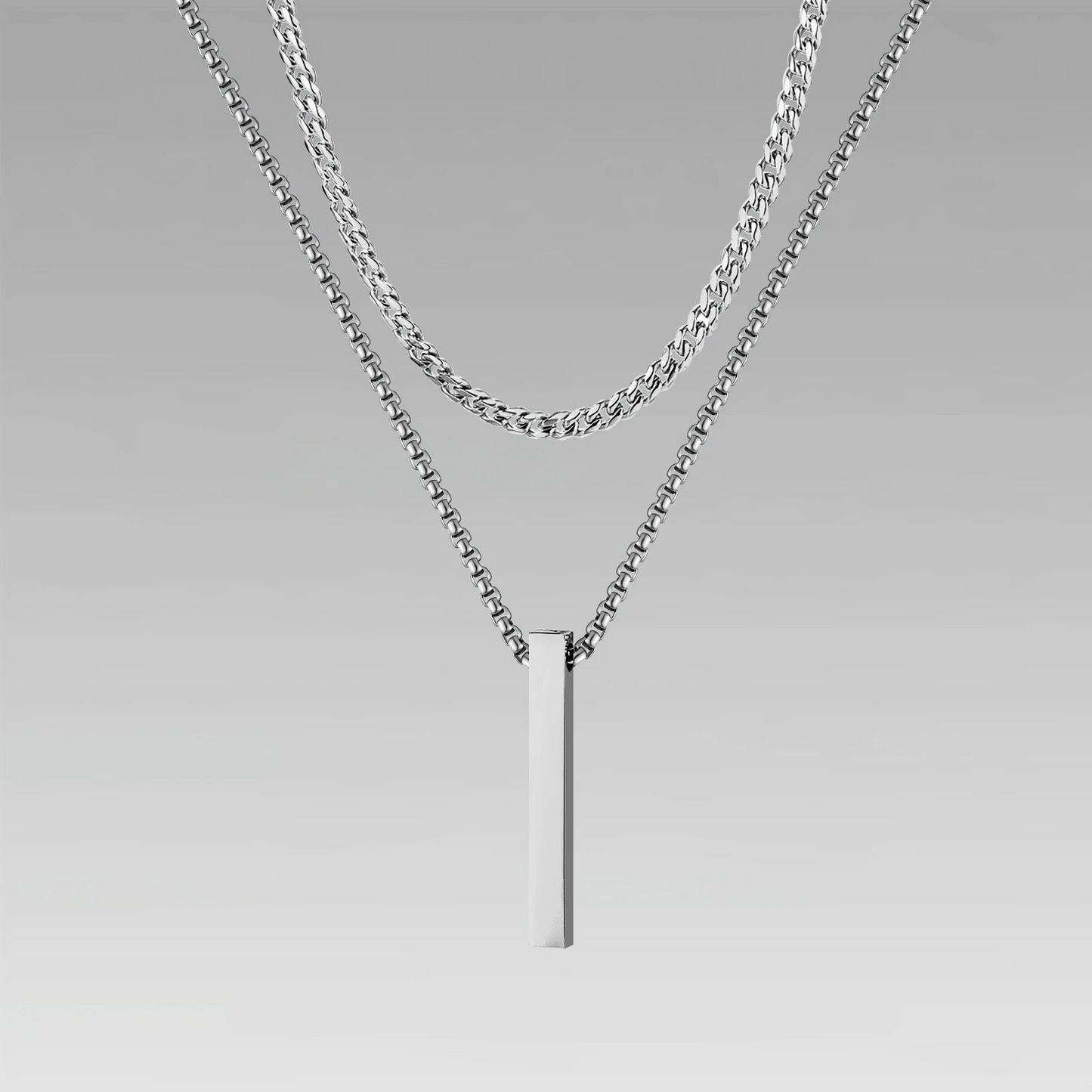 Box Chain Bar Pendant + Cuban Chain